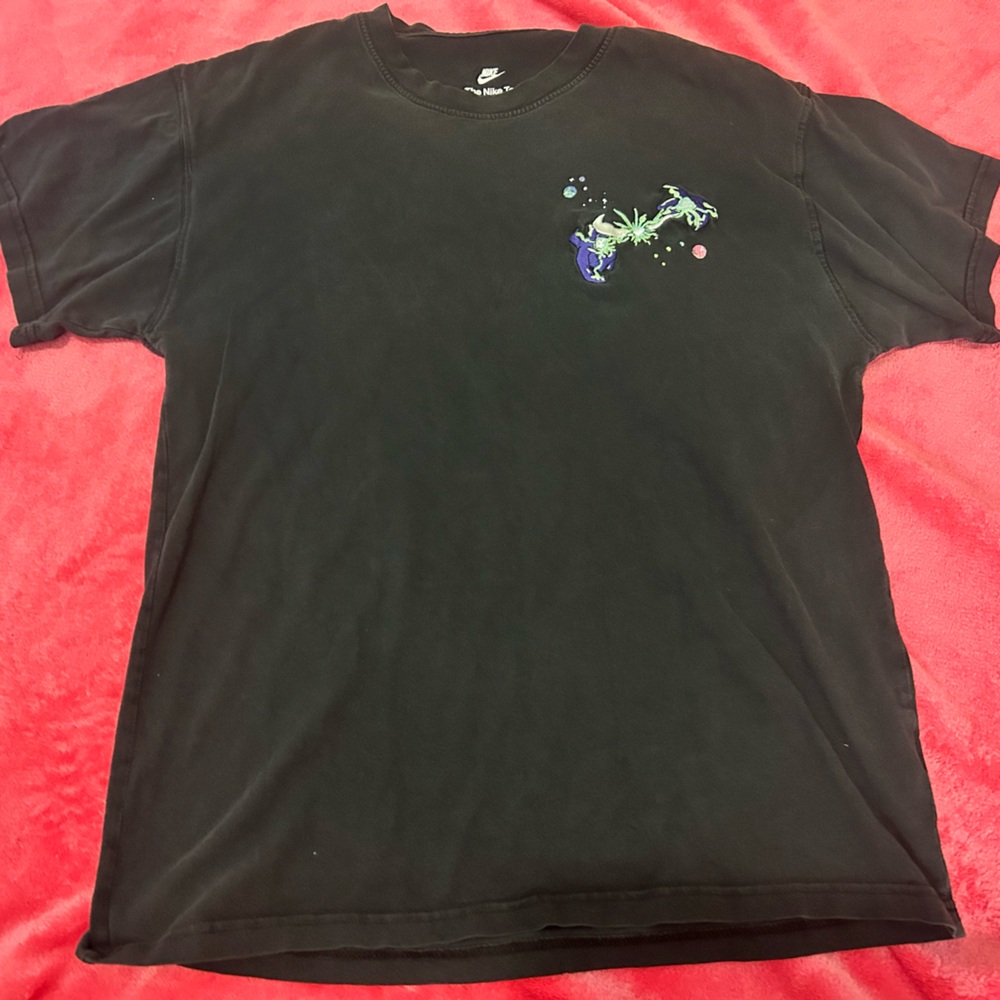 Nike Black Short Sleeve Crew Tee with Small Green and Purple Graphic